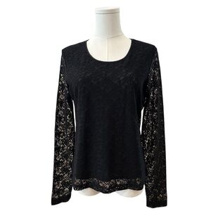 Women's Small Solid Black Floral Lace Long Sleeve Whimsy Goth Romantic Party Top